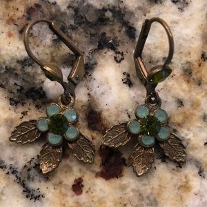 Teal green and gold flower earrings